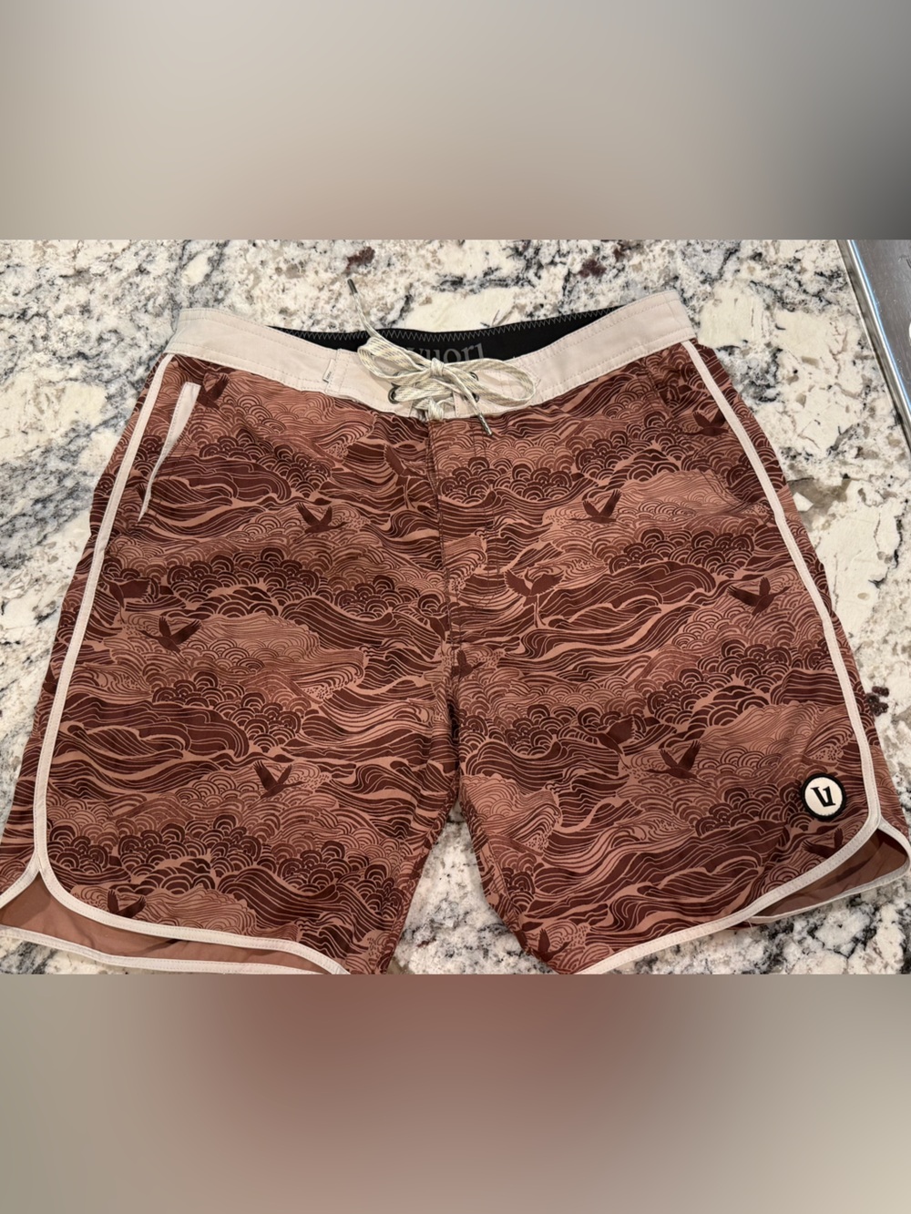 Vuori Men's Brown Wave-Print Swim Trunks